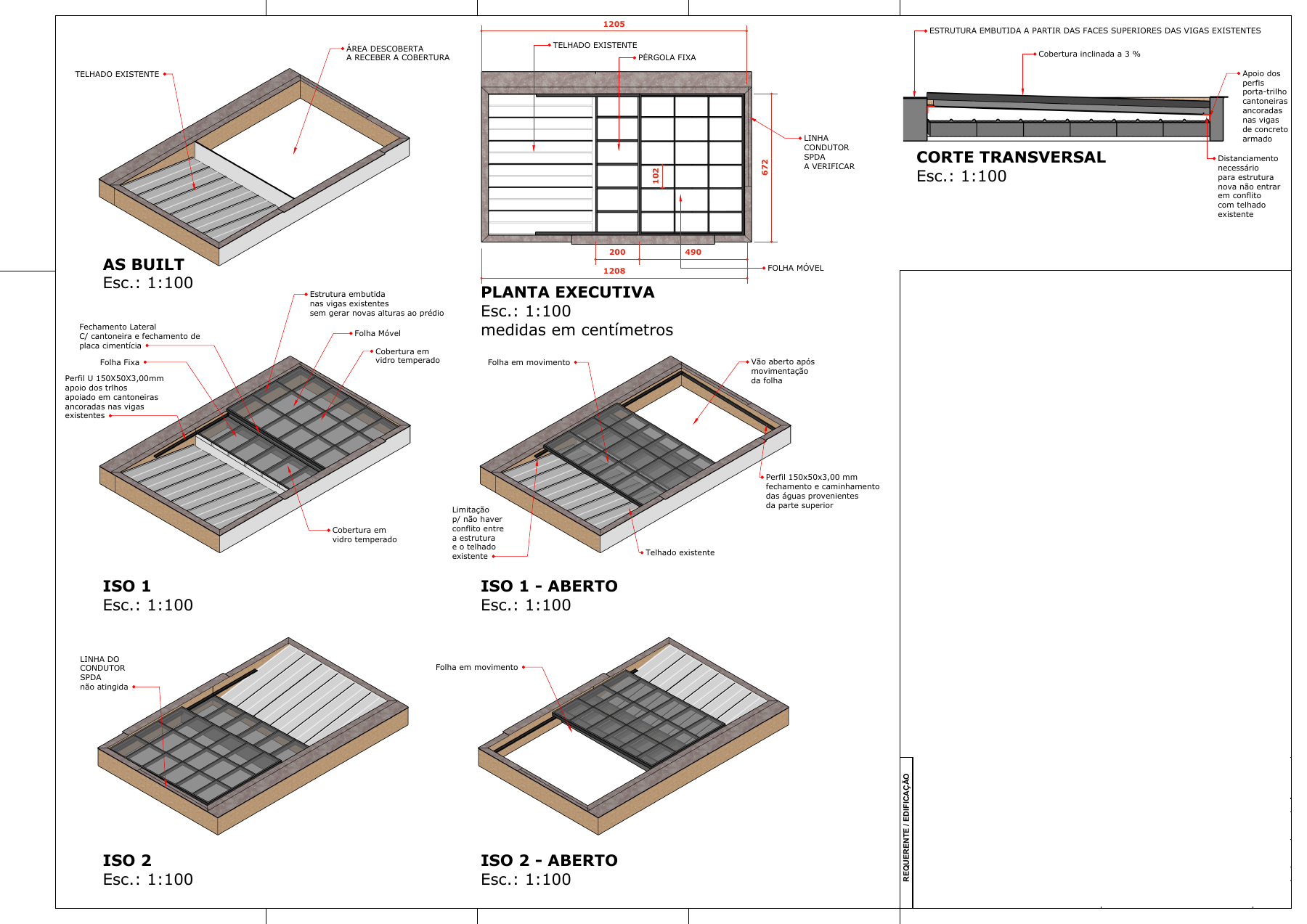 Prancha técnica: pérgola retrátil em vidro temperado — planta, perspectivas isométricas e corte